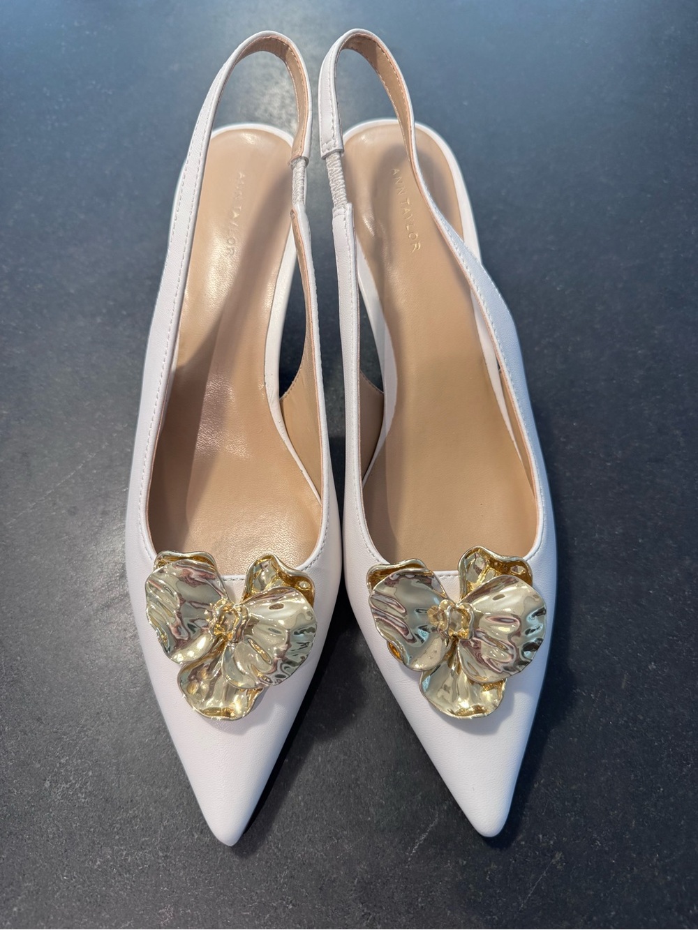 Ann Taylor White Pointed Slingback Heels with Gold Floral Accent